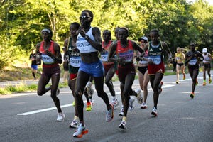 from l kenya's hellen obiri, ethiopia's tigst assefa, israel's lonah chemtai salpeter, kenya's sharon lokedi, kenya's peres jepchirchir and ethiopia's alemu compete in the women's marathon of the athletics event at the paris 2024 olympic games in paris on august 11, 2024 photo by song yanhua  pool  afp photo by song yanhuapoolafp via getty images