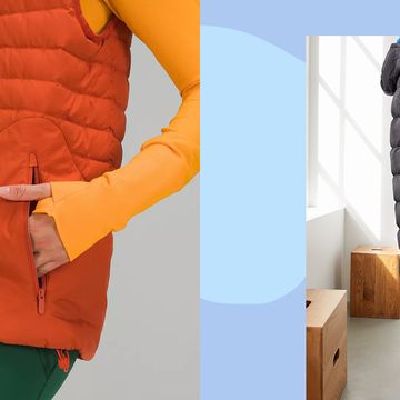 hand in pocket of orange puffer vest and long black puffer vest with hood