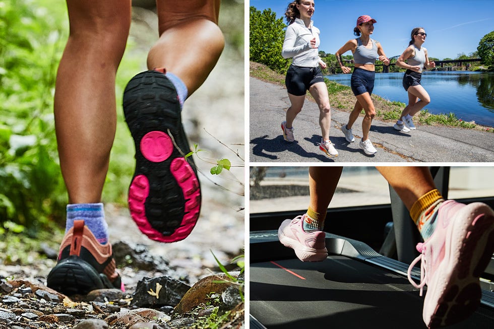 various running activities including trail running jogging by a river and treadmill running