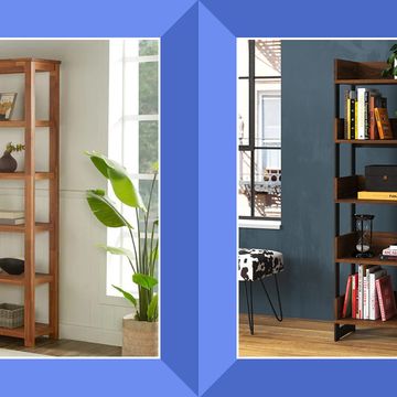 wooden bookshelves in living room