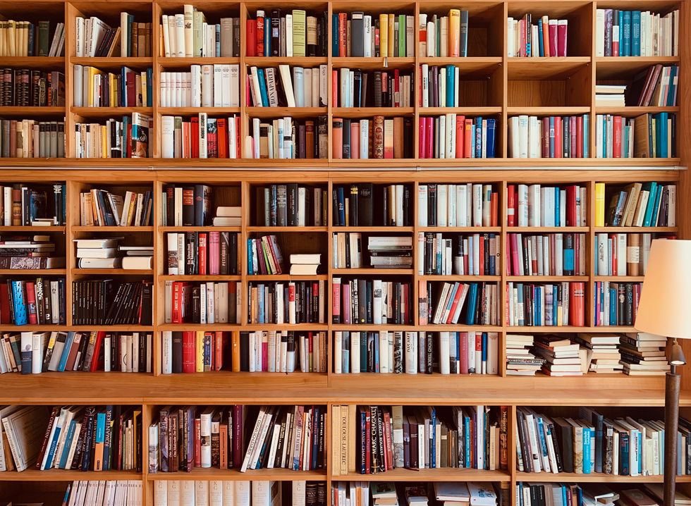 wooden brown books shelves with a lamp