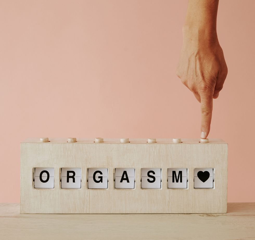 wooden split flap reads the word orgasm