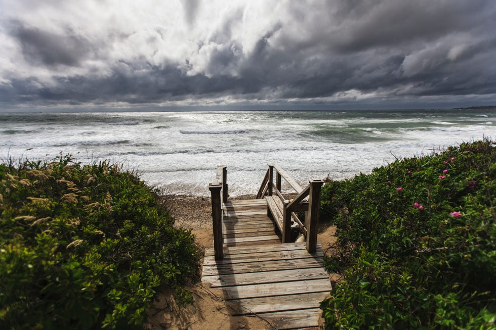 wooden stairs leading to crescent beach, block island, rhode island, usa