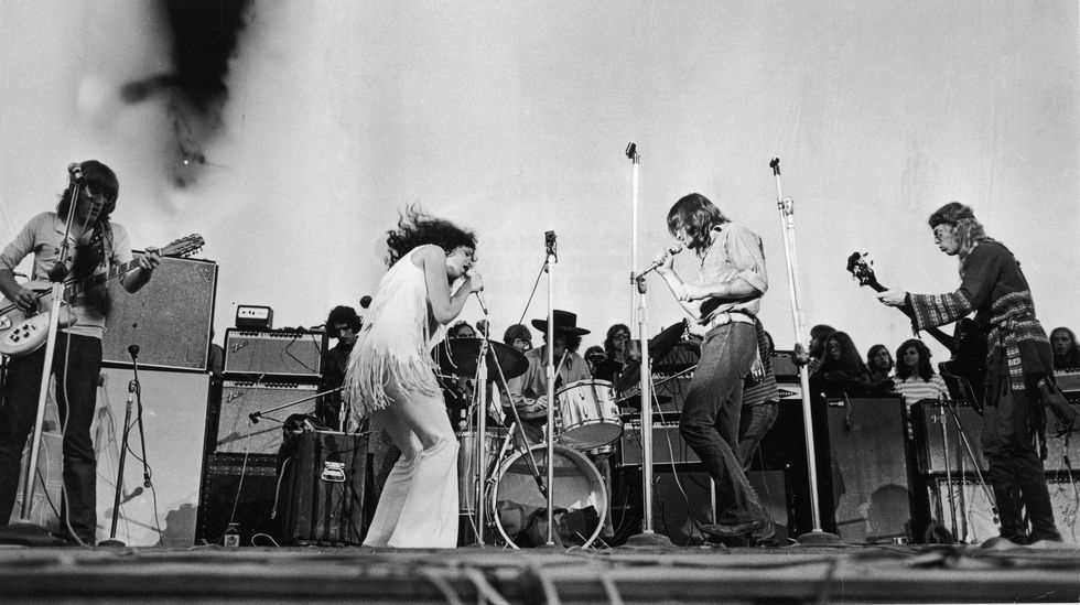 Woodstock Performers: Singer Grace Slick onstage with Jefferson Airplane, the psychedelic San Francisco rock band that performed at three legendary rock festivals of the 1960s - Monterey in 1967 and Woodstock and Altamont in 1969. (Photo by Getty Images/Getty Images)