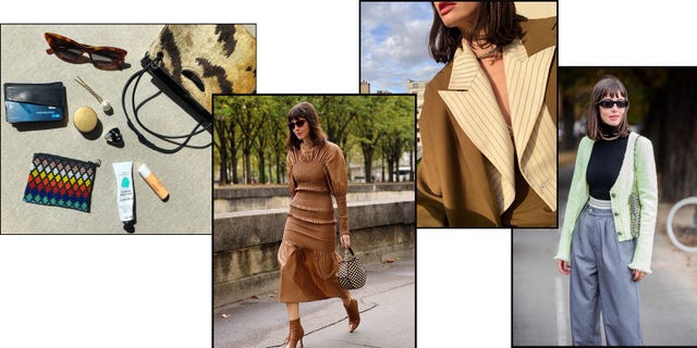 Clothing, Fashion, Dress, Brown, Street fashion, Shoulder, Outerwear, Neck, Footwear, Beige, 