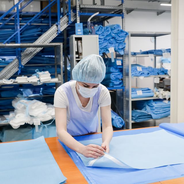 Manufacturing face masks at Zdravmedtech garment factory in Novosibirsk Region, Russia