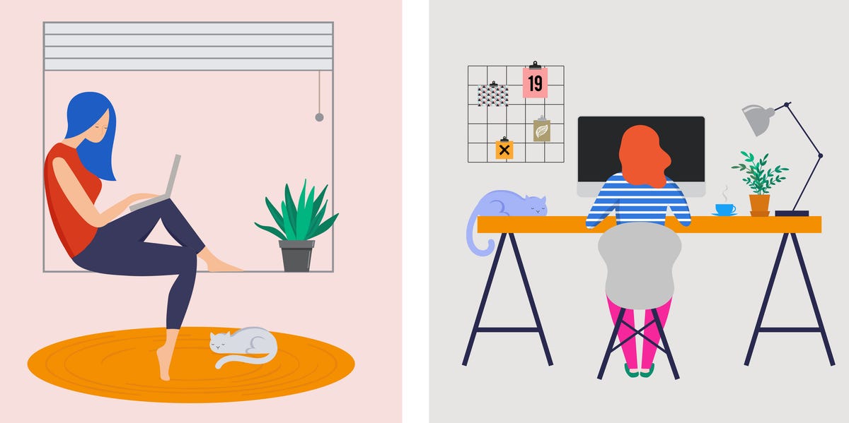 Working at home, coworking space, concept illustration. Young people, man and woman freelancers working at home. Vector flat style illustration best work from home outfits