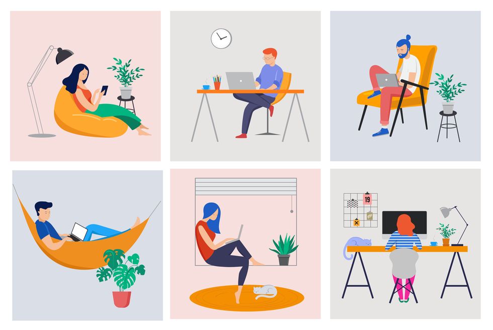 working at home, coworking space, concept illustration young people, man and woman freelancers working at home vector flat style illustration