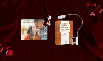 gift items including a personalized puzzle and a magnetic grill light