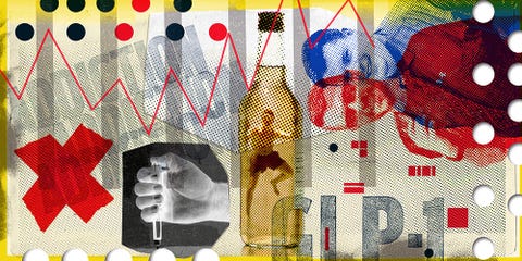 abstract collage featuring various elements including a hand holding a test tube a bottle and graphical data representations