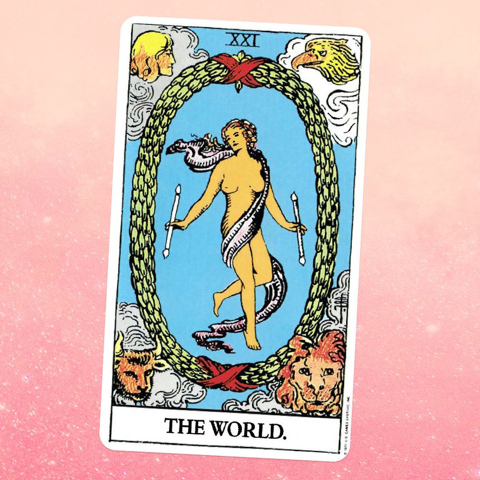 the tarot card the world, showing a nude woman wrapped in a white scarf, floating in the sky and surrounded by a leafy wreath