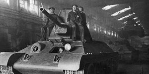 world war 2, finished t 34 tanks leaving the factory in the urals, 1944