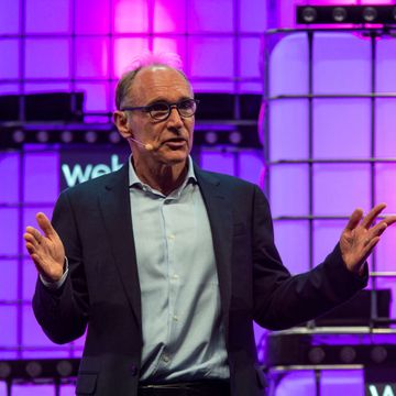 World Wide Web Inventor Tim Berners-Lee is seen addressing...