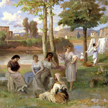 a painting depicting women gathered together on a lawn washing clothes