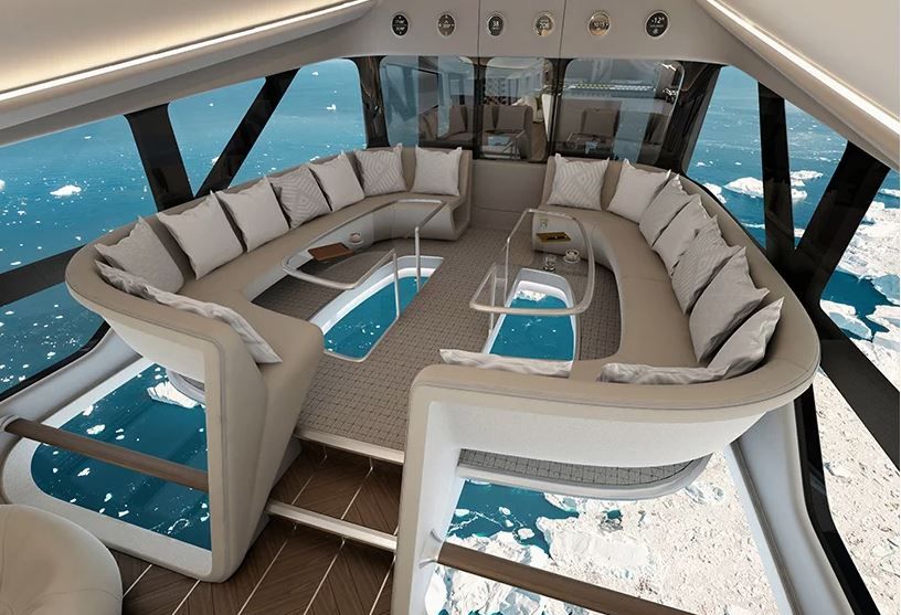 Blue, Vehicle, Water transportation, Room, Luxury yacht, Naval architecture, Yacht, Interior design, Architecture, Leisure, 