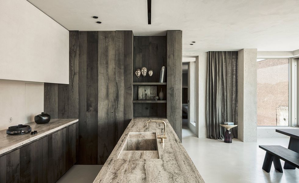 Room, Interior design, Property, Countertop, Furniture, Building, Floor, Tile, Black-and-white, House, 
