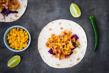 wraps with marinated jackfruit, maize, red cabbage, coriander, lime and chili