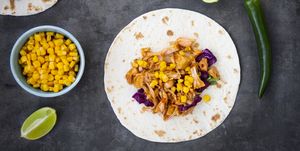 wraps with marinated jackfruit, maize, red cabbage, coriander, lime and chili