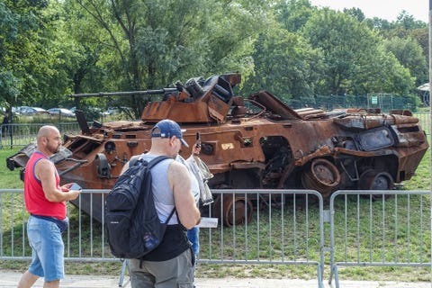 a russian btr82a armored personnel carrier, partially collapsed by fire, on display in gdansk, poland, august 2022
