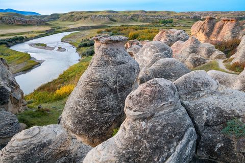 WRITINGONSTONE PARK SNAIPI CANADADe zandstenen aardpijlers in de vallei van de Milk River in de Great Plains aan de Canadese grens met de VS zijn bedekt met spirituele rotstekeningen van het Blackfoot of Siksiktsitapivolk