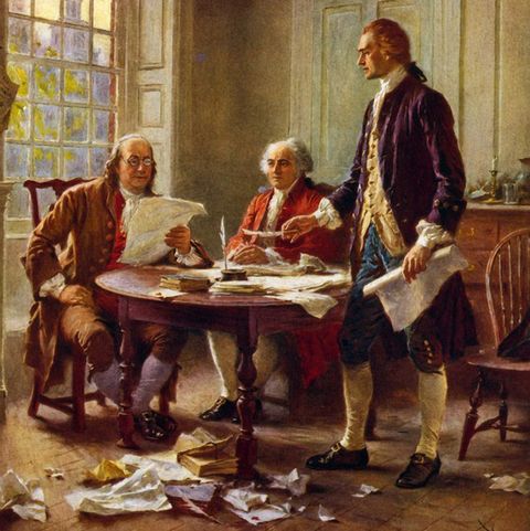 writing the declaration of independence, 1776' benjamin franklin, left, john adams meeting at thomas jefferson's, standing, lodgings in philadelphia to study a draft of the document after the painting by jlg ferris 1863 1930