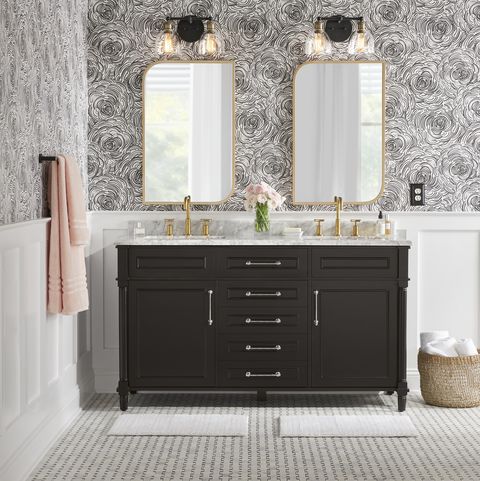 "302555340 home decorators collection
aberdeen 60 in w x 22 in d vanity in black with carrara marble top with white sinks storage solutions bathroom main"

"203092926 kohler
purist 8 in widespread 2 handle mid arc bathroom faucet in vibrant modern brushed gold storage solutions bathroom main"

"307941115 designers fountain
bryson 2 light vintage bronze bath bar vanity light storage solutions bathroom main"

"300634993 celestial black floral wallpaper
by 
a street storage solutions bathroom main"

"307354622 pointed rectangular gold decorative mirror
by 
pinnacle storage solutions bathroom main"

"204367375 liberty
architectural decorative single duplex outlet cover, flat black storage solutions bathroom main"

308321462 turkish cotton ultra soft hand towel in cherry blossom by home decorators collection storage solutions bathroom main

"308321455 turkish cotton ultra soft bath towel in cherry blossom
by 
home decorators collection storage solutions bathroom main"

"309005559 italia
florence 4 piece bath hardware set in matte black storage solutions bathroom main"

"308321477 turkish cotton ultra soft bath towel in white
by 
home decorators collection storage solutions bathroom main"

305203171 tcs white 24 in x 17 in cotton reversible bath rug the company store storage solutions bathroom main

"204701840 msi
greecian white basket weave 12 in x 12 in x 10 mm honed marble mesh mounted mosaic tile 10 sq ft  case storage solutions bathroom main"

pr w15 ultra pure white wainscoting paint storage solutions bathroom main

309545139 reid natural seagrass baskets set of 3 storage solutions bathroom main

ws0120 pirrello digital imaging