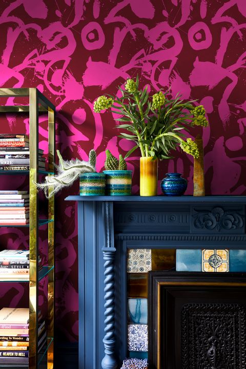 Purple, Pink, Shelf, Wall, Wallpaper, Room, Violet, Living room, Interior design, Magenta, 