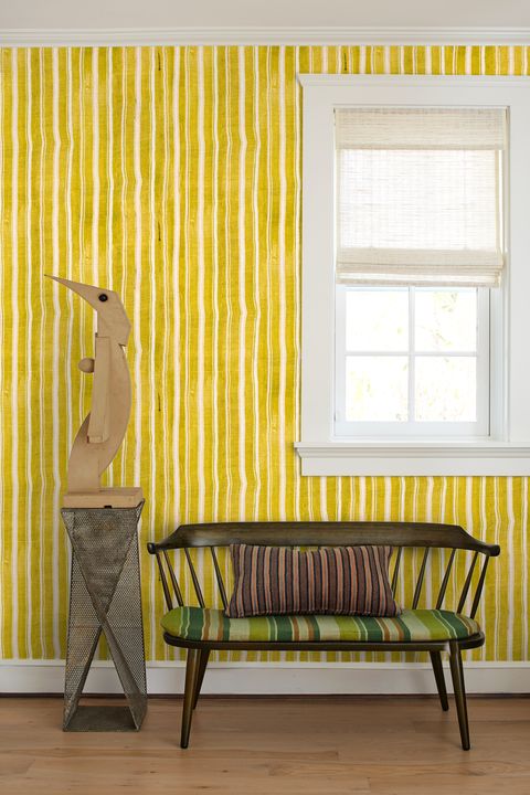 Furniture, Yellow, Room, Wall, Table, Interior design, Wallpaper, Orange, Window covering, Chair, 
