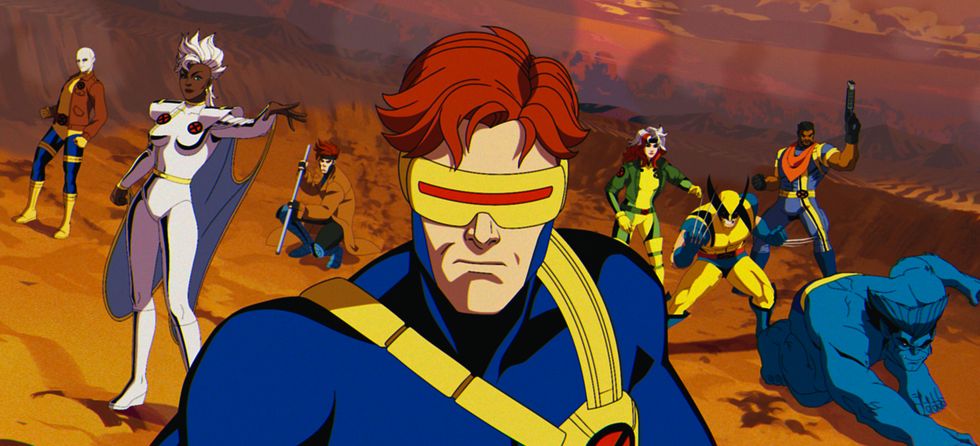 l r morph voiced by jp karliak, storm voiced by alison sealy smith, gambit voiced by aj locascio, cyclops voiced by ray chase, rogue voiced by lenore zann, wolverine voiced by cal dodd, bishop voiced by isaac robinson smith, beast voiced by george buza in marvel animation's x men '97 photo courtesy of marvel animation 2024 marvel