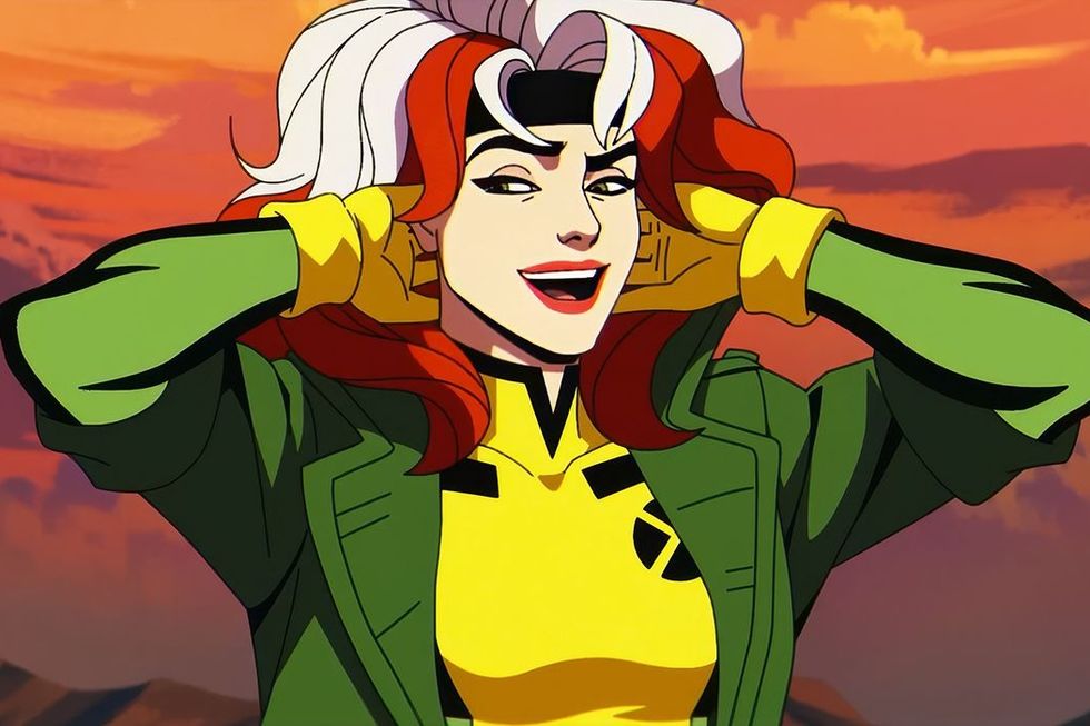 a woman with red and white hair standing in a yellow and green suit