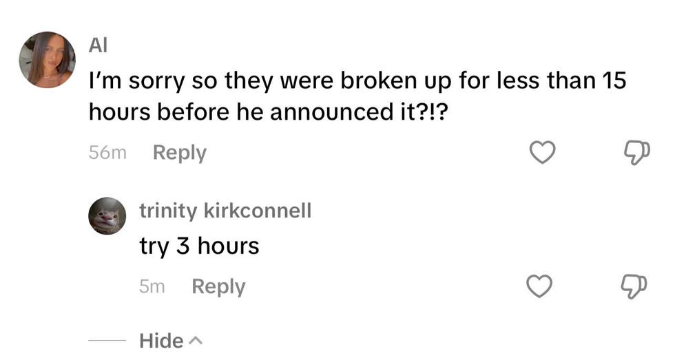 conversation in a comment section discussing a recent breakup and announcement