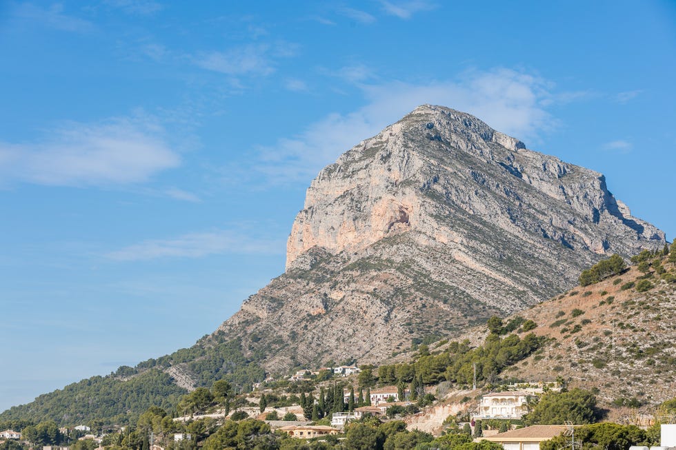 mountainous landscape with residential areas and clear blue sky