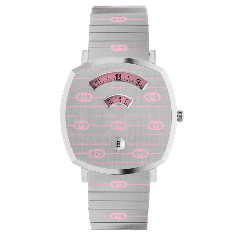 Product, Watch, Pink, Magenta, Technology, Font, Watch accessory, Black, Grey, Analog watch, 