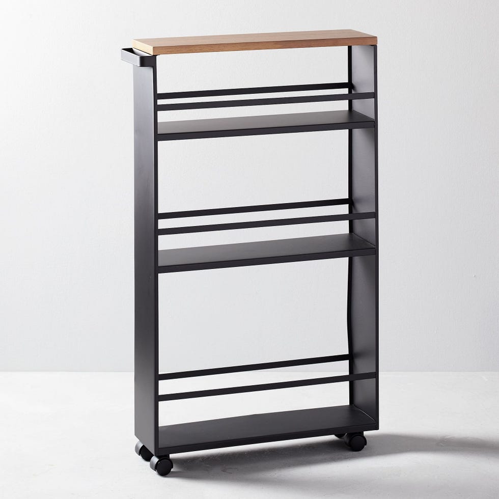 a wooden shelf with wheels a wooden shelf with wheels