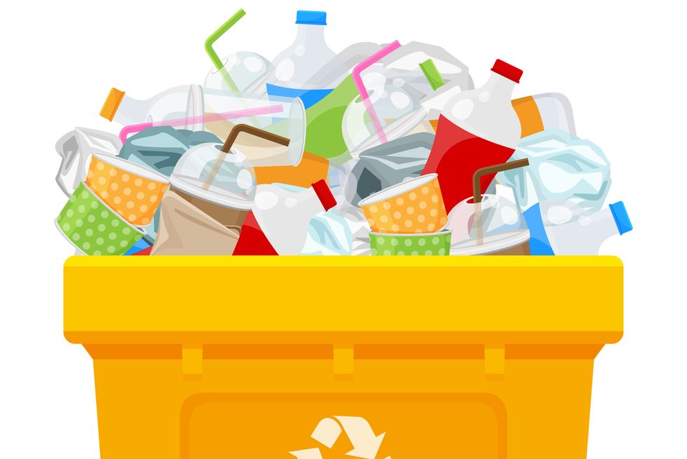 yellow bin full and plastic garbage waste isolated white square background, plastic waste dump on the bin, plastic waste on the bin separation for recycle conservation environmental, pollution garbage