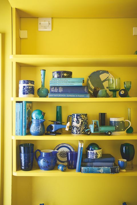 Shelf, Yellow, Blue, Shelving, Furniture, Room, Cabinetry, House, Building, Cupboard, 