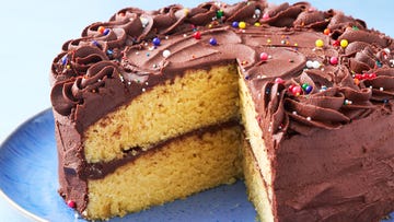 yellow cake topped with chocolate frosting and sprinkles