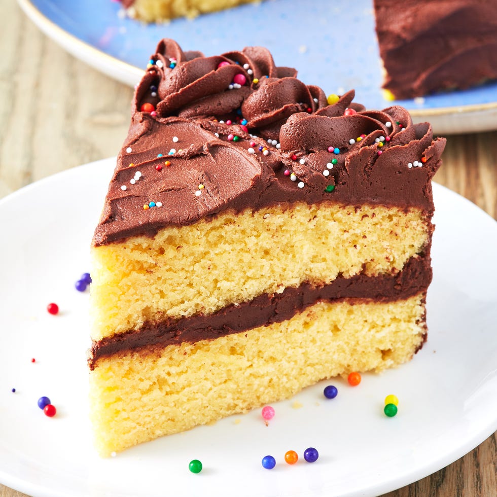 yellow cake topped with chocolate frosting and sprinkles