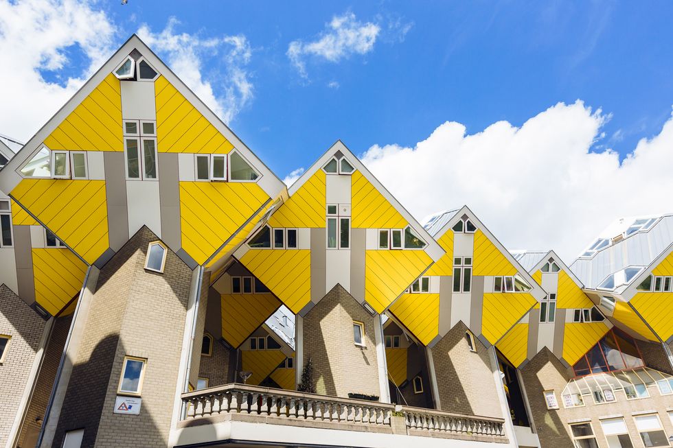 yellow cubic houses in rotterdam, netherlands