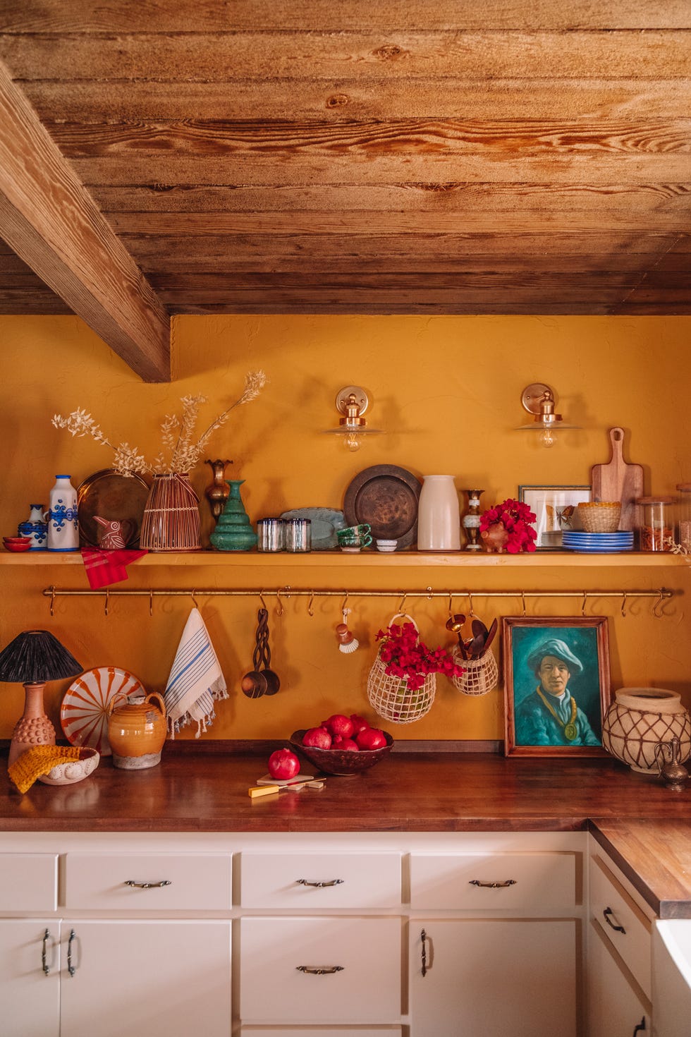 yellow kitchen with open shelving