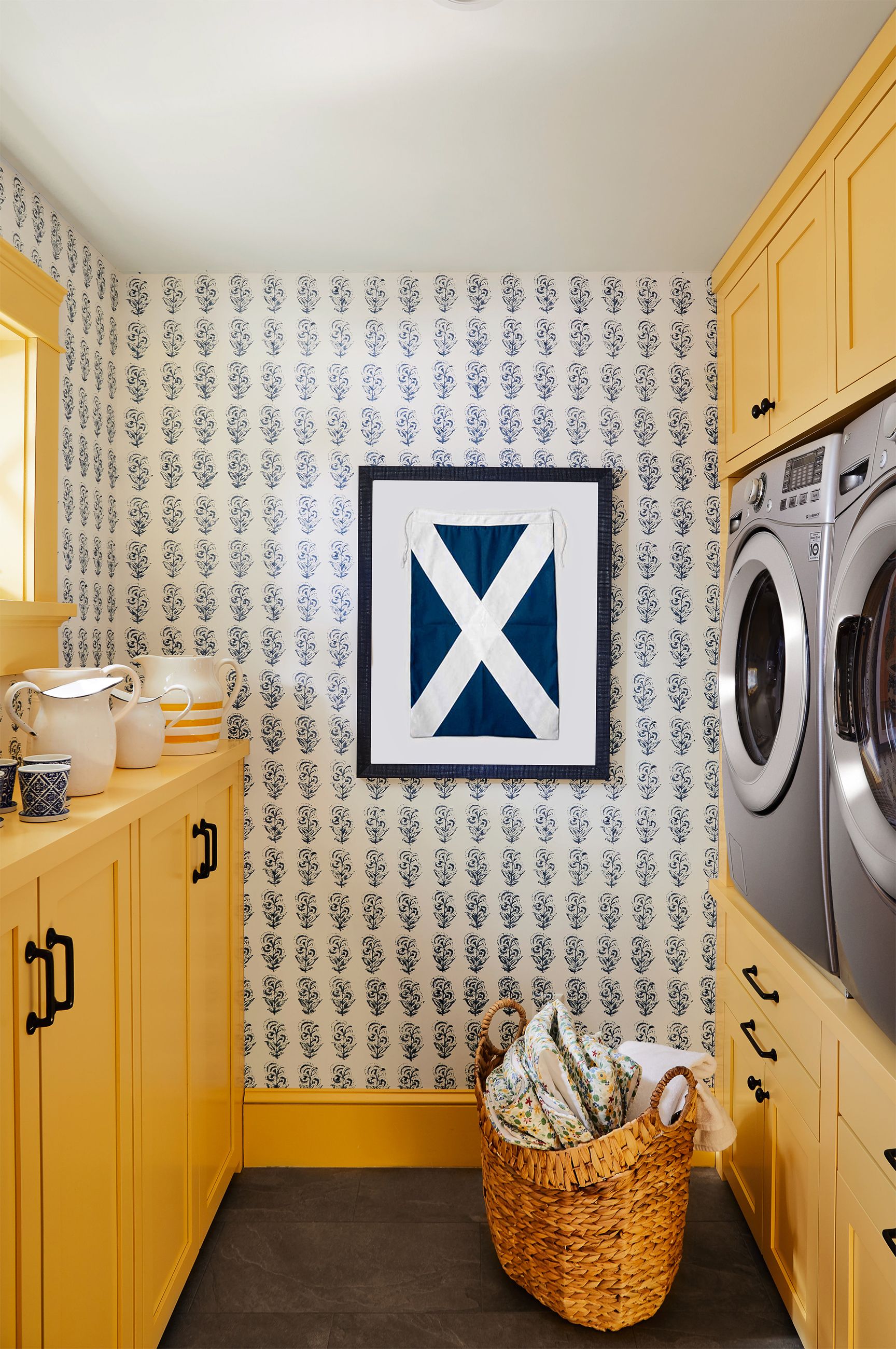 White and Blue Laundry Room with Wallpaper as Backsplash  Transitional   Laundry Room