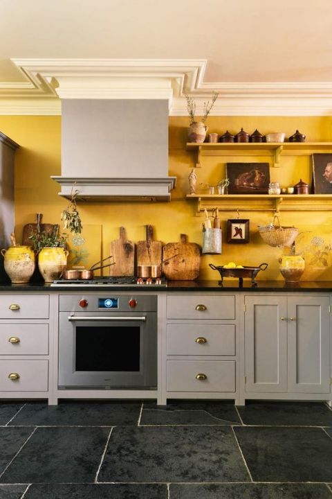 yellow kitchen with gray cabinets