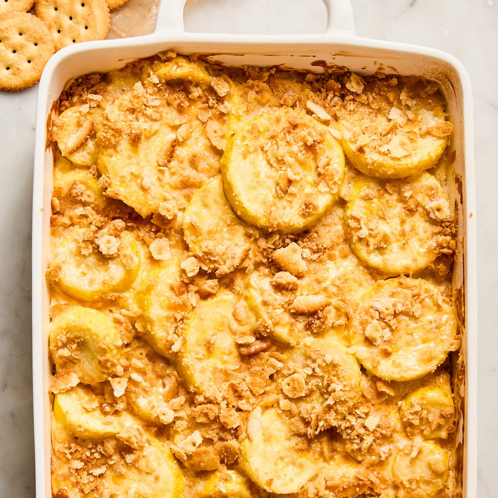 yellow squash casserole topped with ritz cracker crumbs