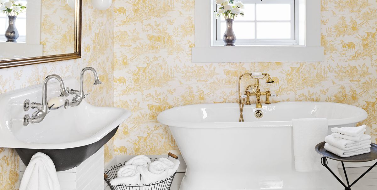 bathroom with yellow toile wallpaper