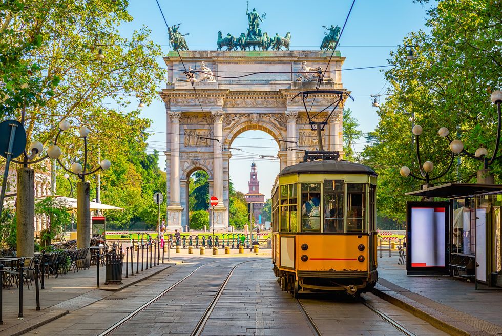 yellow tram in milan