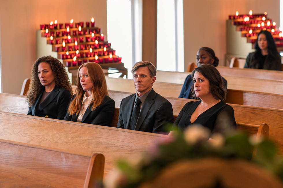 l r tawny cypress as taissa, lauren ambrose as van, warren kole as jeff sadecki and melanie lynskey as shauna in yellowjackets, episode 1, season 3, streaming on paramount with showtime, 2025 photo credit kailey schwermanparamount with showtime