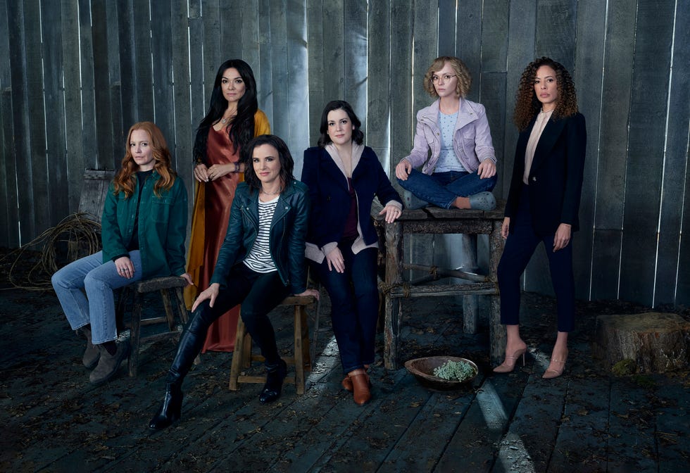 l r lauren ambrose as van, simone kessell as lottie, juliette lewis as natalie, melanie lynskey as shauna, christina ricci as misty and tawny cypress as taissa in yellowjackets, season 2 photo credit lorenzo agiusshowtime