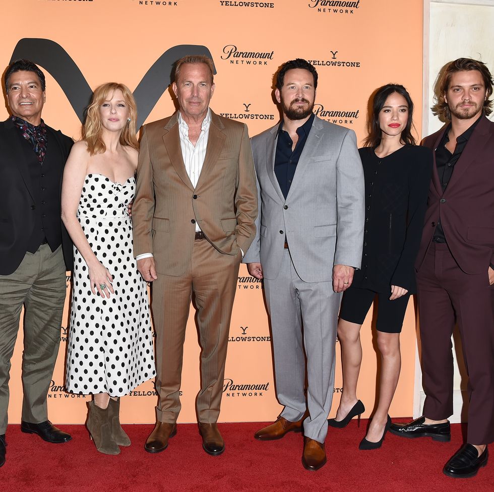 los angeles, california may 30 l r wes bentley, gil birmingham, kelly reilly, kevin costner, cole hauser, kelsey asbille and luke grimes attend the premiere party for paramount networks yellowstone season 2 at lombardi house on may 30, 2019 in los angeles, california photo by axellebauer griffinfilmmagic