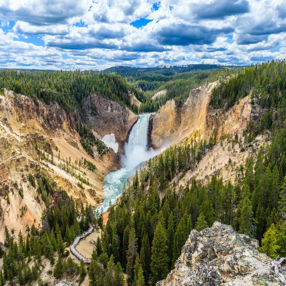 yellowstone grand canyon with blue skies and a river running between two mountains on things to do on memorial day