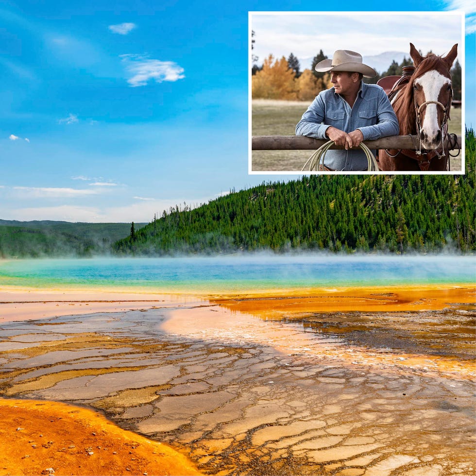 colorful geothermal features in yellowstone national park with a cowboy and horse in the inset